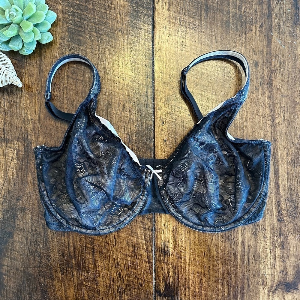 Cacique | Modern Lace Underwire, Full Coverage Bra, Black Lace Over Beige 36F